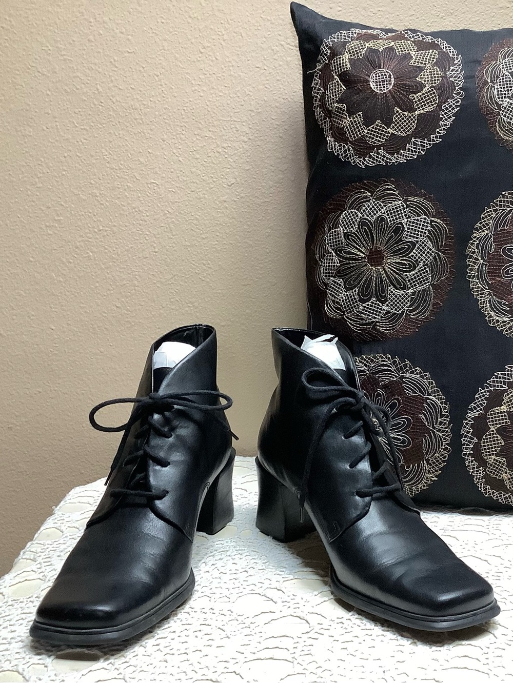 Retro 90s Y2K Vintage PESARO Black Leather Chunky Square Toe Ankle Boots Sz 8.5 - Picture 2 of 9